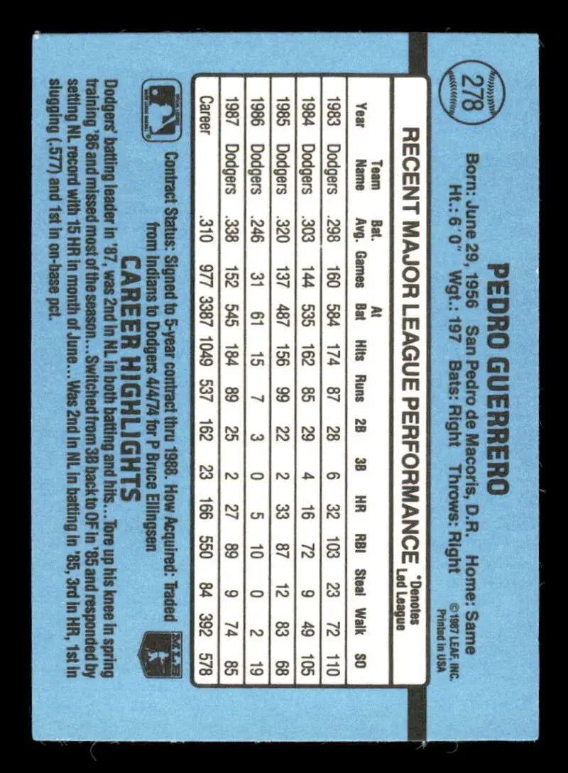 1988 Donruss #278 Pedro Guerrero NM-MT Los Angeles Dodgers Baseball Card - Baseball Card Single