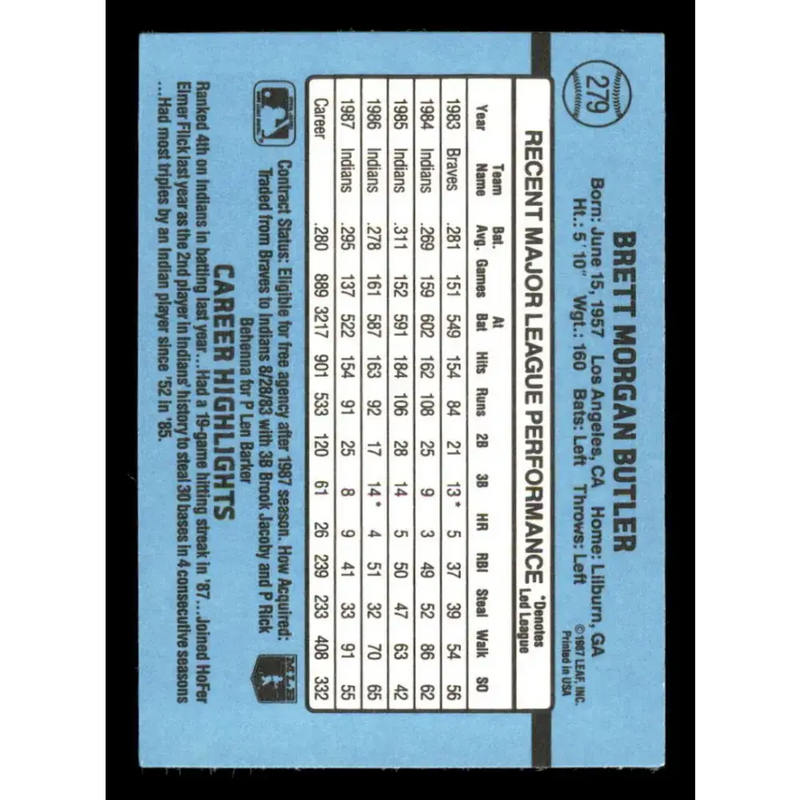 1988 Donruss #279 Brett Butler EX Cleveland Indians Baseball Card - Baseball Card Single