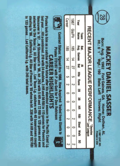 Reverse side of 1988 Donruss Mackey Sasser baseball card with stats and highlights