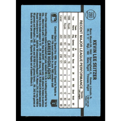 1988 Donruss #280 Kevin Seitzer EX Kansas City Royals Baseball Card Image 2