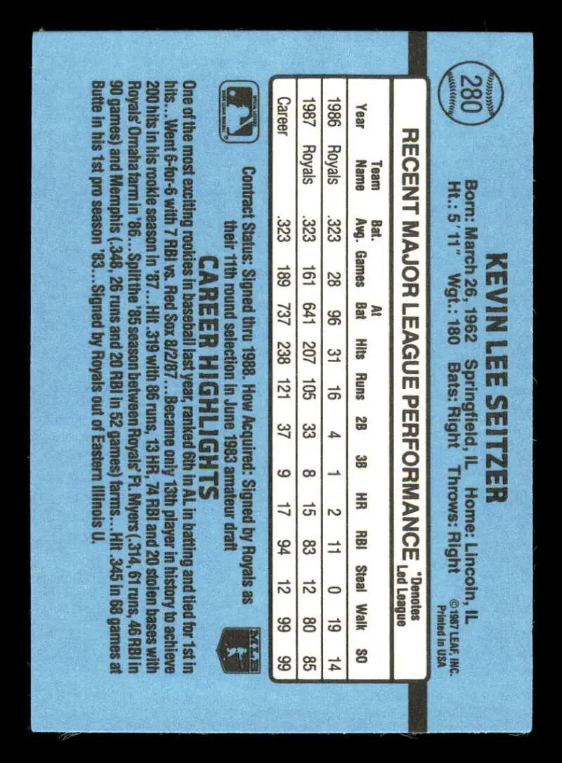 1988 Donruss #280 Kevin Seitzer NM-MT Kansas City Royals Baseball Card - Baseball Card Single