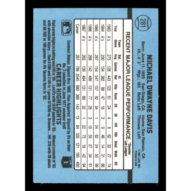 1988 Donruss #281 Mike Davis EX Oakland Athletics Baseball Card - Baseball Card Single