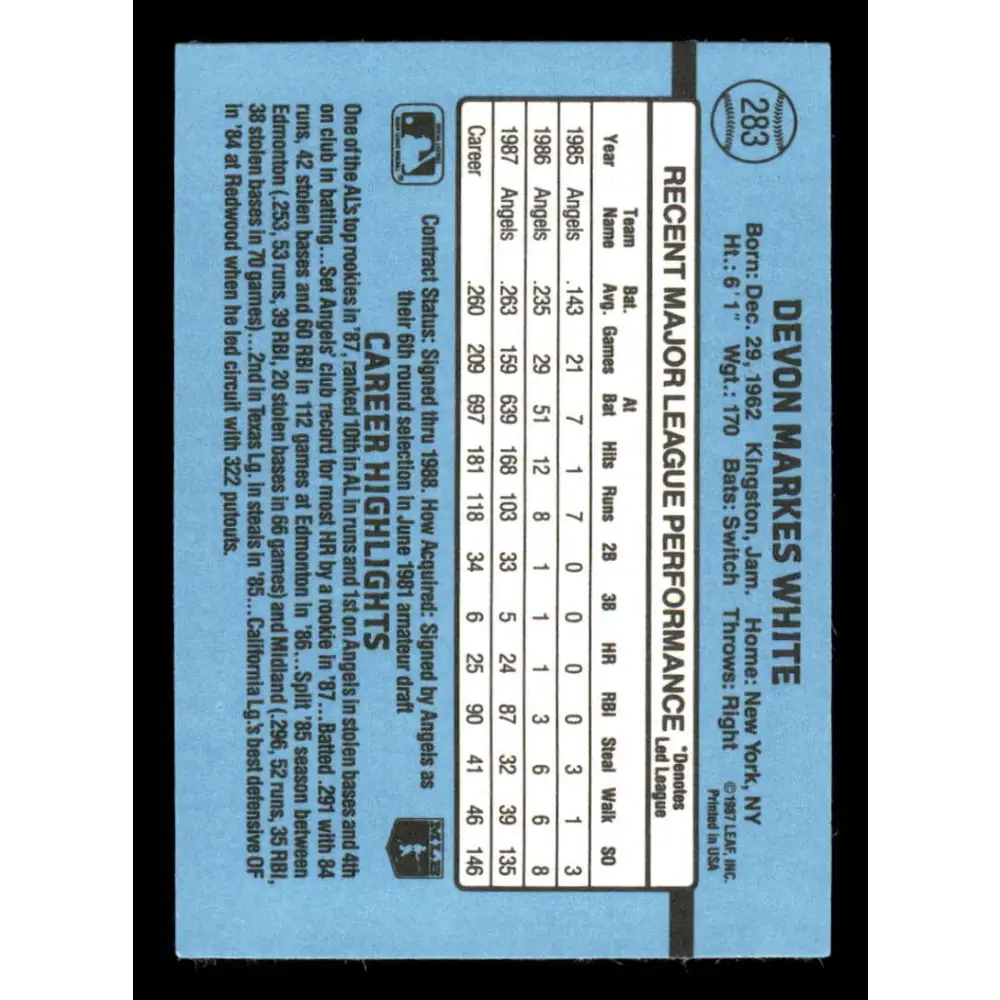 1988 Donruss #283 Devon White EX California Angels Baseball Card Image 2