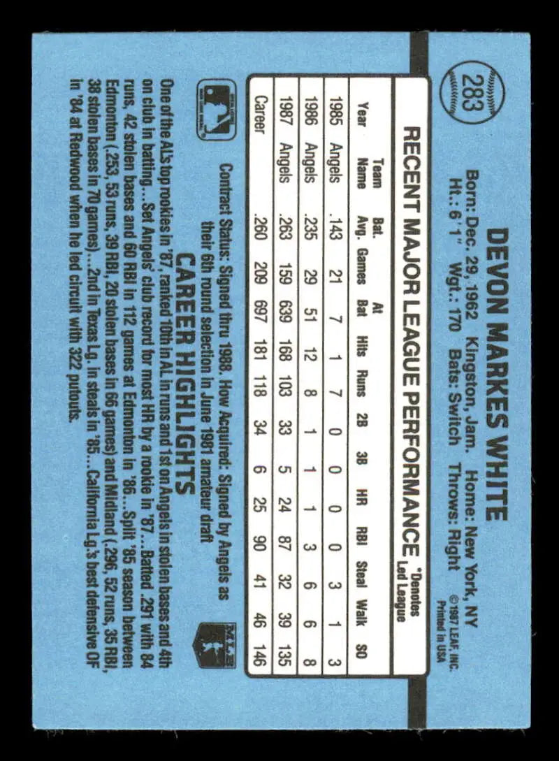 1988 Donruss #283 Devon White NM-MT California Angels Baseball Card - Baseball Card Single