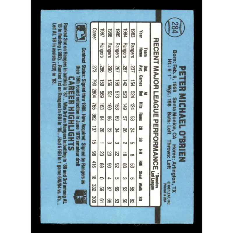 1988 Donruss #284 Pete O’Brien EX Texas Rangers Baseball Card - Baseball Card Single