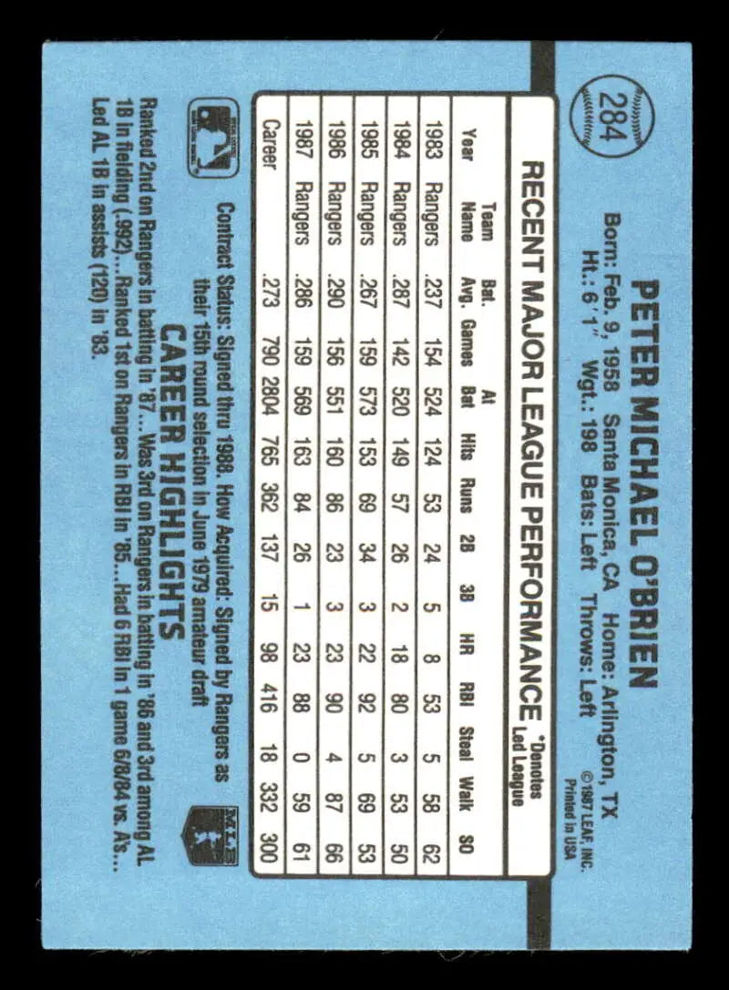 1988 Donruss #284 Pete O’Brien NM-MT Texas Rangers Baseball Card - Baseball Card Single