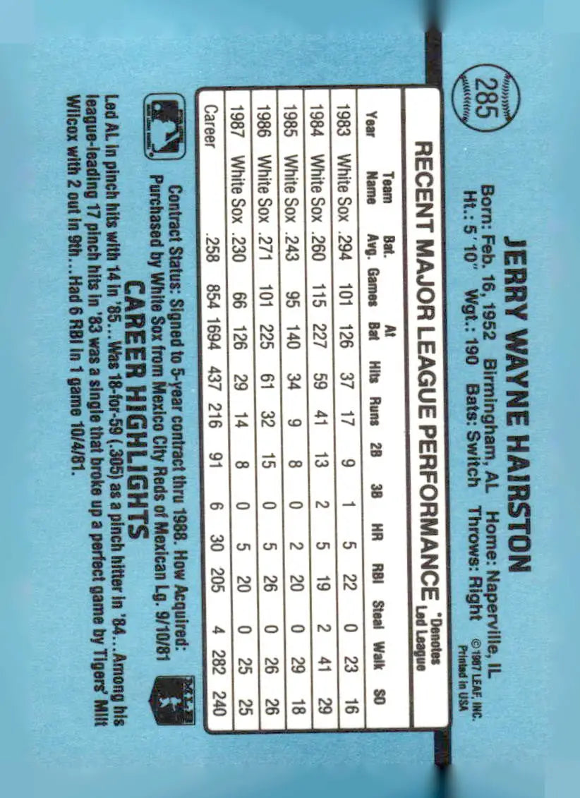 1988 Donruss #285 Jerry Hairston baseball card with player stats and highlights