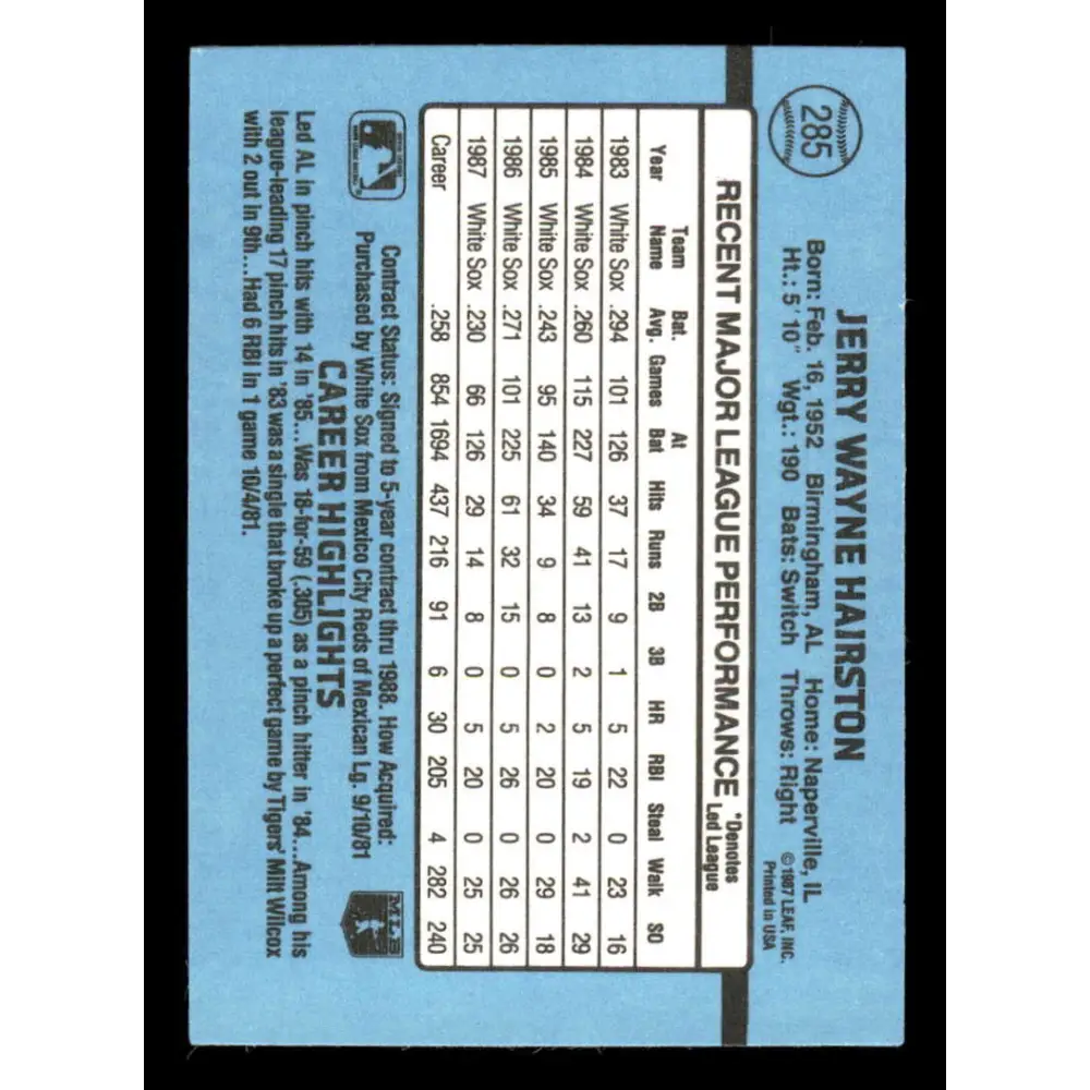 1988 Donruss #285 Jerry Hairston EX Chicago White Sox Baseball Card Image 2