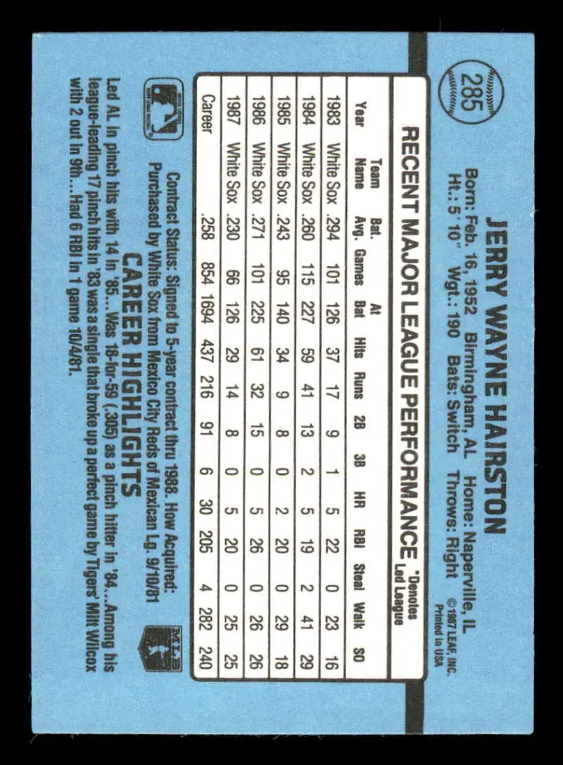 1988 Donruss #285 Jerry Hairston NM-MT Chicago White Sox Baseball Card - Baseball Card Single