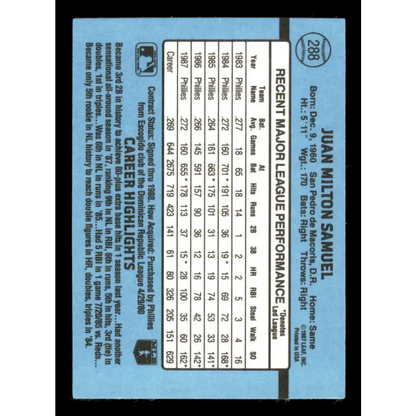 1988 Donruss #288 Juan Samuel EX Philadelphia Phillies Baseball Card