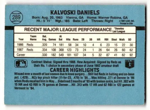 Back of 1988 Donruss #289 Kal Daniels Cincinnati Reds baseball card with original gloss