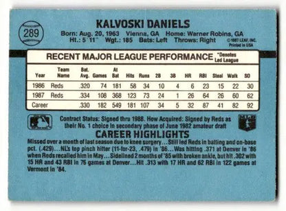 Back of 1988 Donruss #289 Kal Daniels Cincinnati Reds baseball card with original gloss