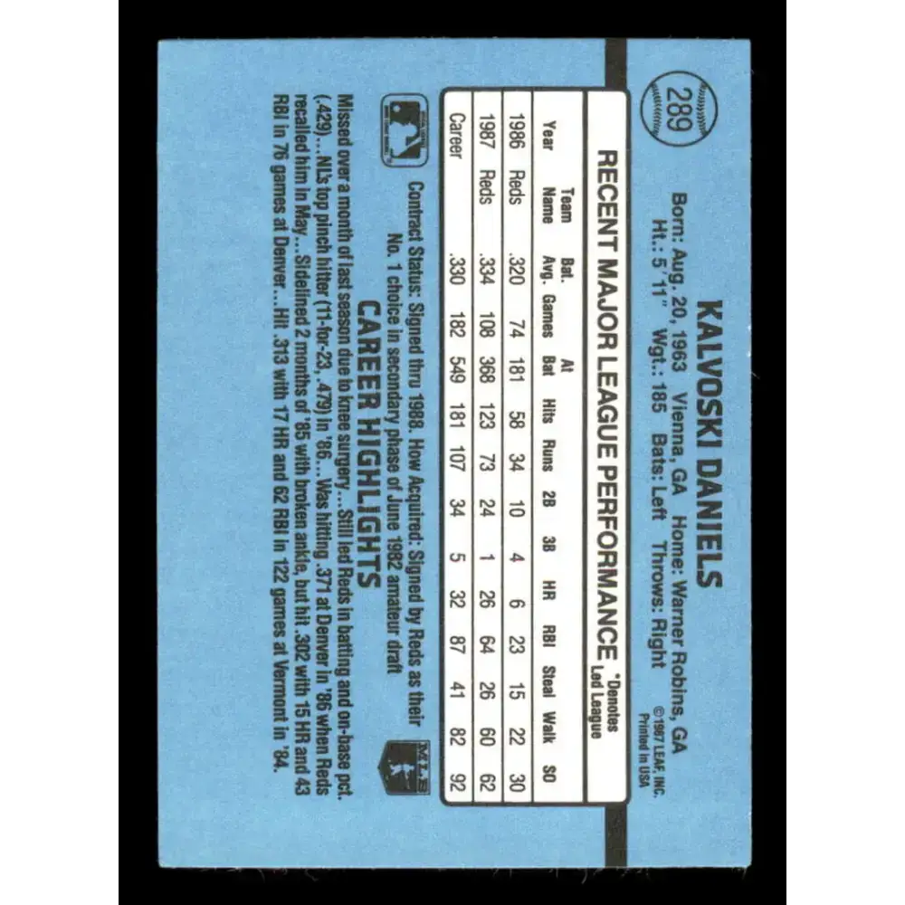 1988 Donruss #289 Kal Daniels EX Cincinnati Reds Baseball Card - Baseball Card Single