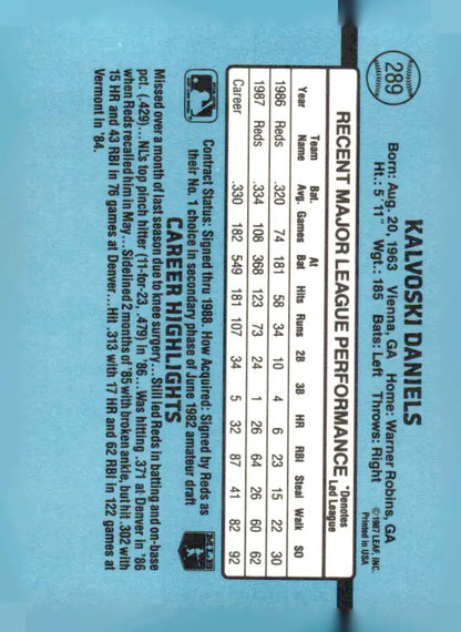 1988 Donruss Kal Daniels #289b Cincinnati Reds baseball card with player stats and highlights