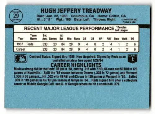1988 Donruss #29 Jeff Treadway Cincinnati Reds Baseball Cards EX/NM ID:55382 - Baseball Card Single