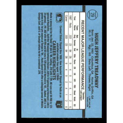 1988 Donruss #29 Jeff Treadway EX RC Rookie Cincinnati Reds Baseball Card Image 2