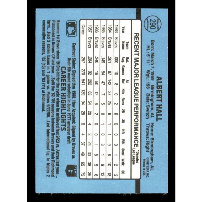 1988 Donruss #290 Albert Hall EX Atlanta Braves Baseball Card - Baseball Card Single