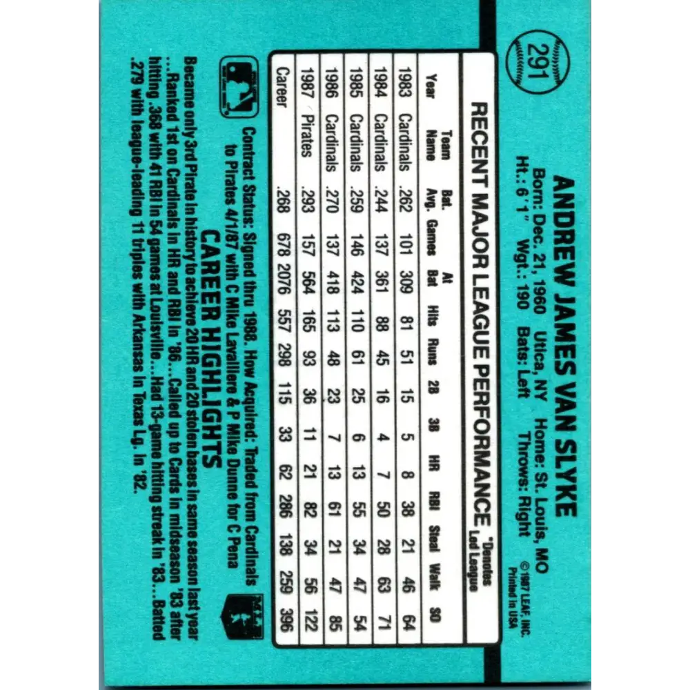 1988 Donruss #291 Andy Van Slyke EX Pittsburgh Pirates Baseball Card Image 2
