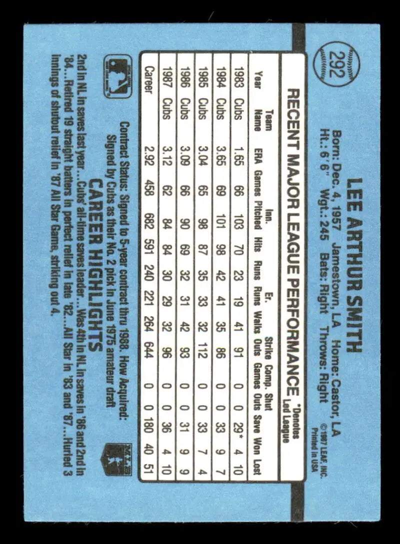 1988 Donruss #292 Lee Smith NM-MT Chicago Cubs Baseball Card - Baseball Card Single
