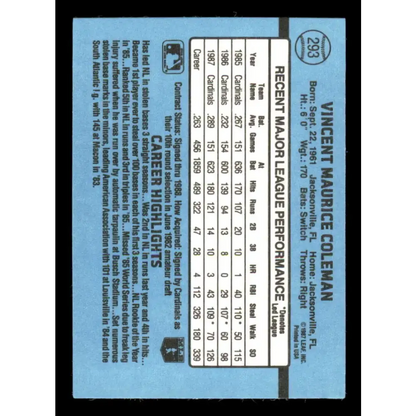 1988 Donruss #293 Vince Coleman EX St. Louis Cardinals Baseball Card