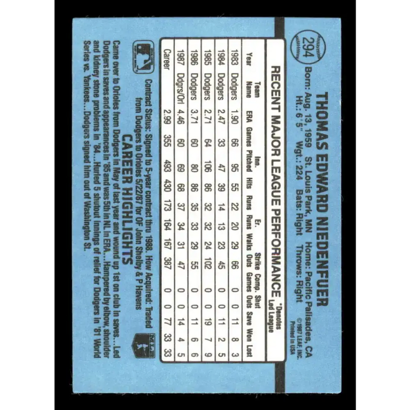 1988 Donruss #294 Tom Niedenfuer EX Baltimore Orioles Baseball Card - Baseball Card Single
