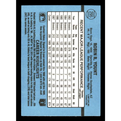 1988 Donruss #295 Robin Yount EX Milwaukee Brewers Baseball Card Image 2