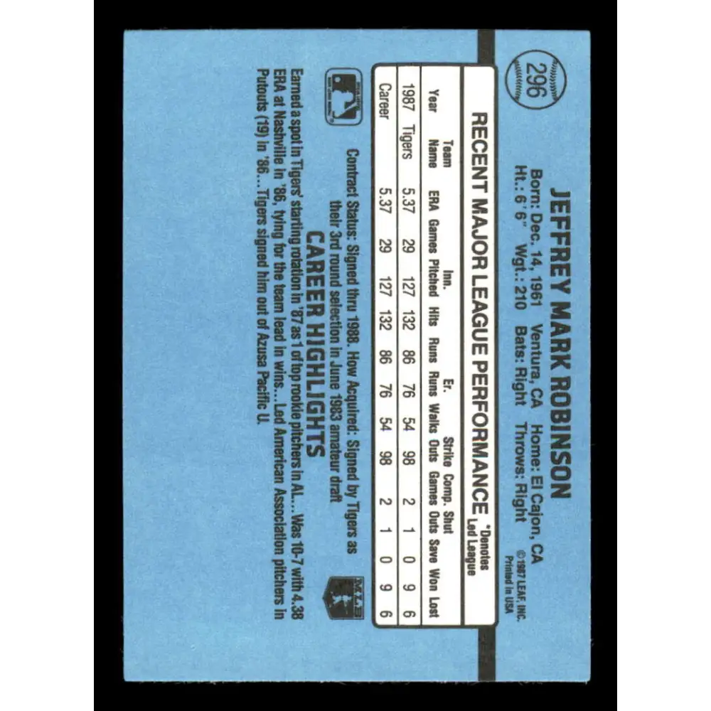 1988 Donruss #296 Jeff Robinson EX Detroit Tigers Baseball Card Image 2