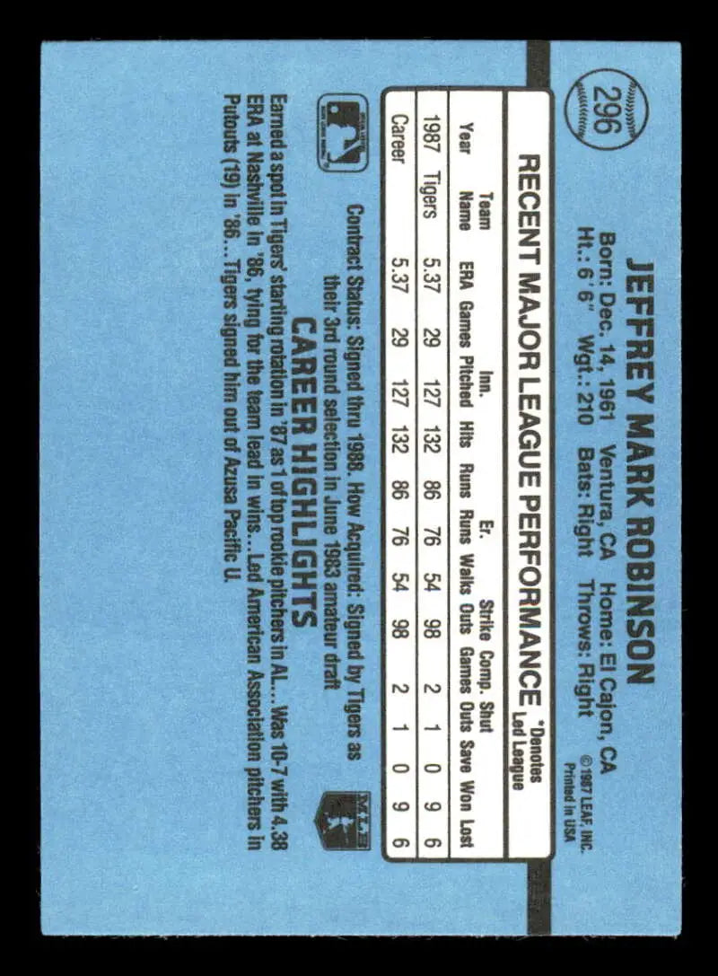 1988 Donruss #296 Jeff Robinson NM-MT Detroit Tigers Baseball Card - Baseball Card Single