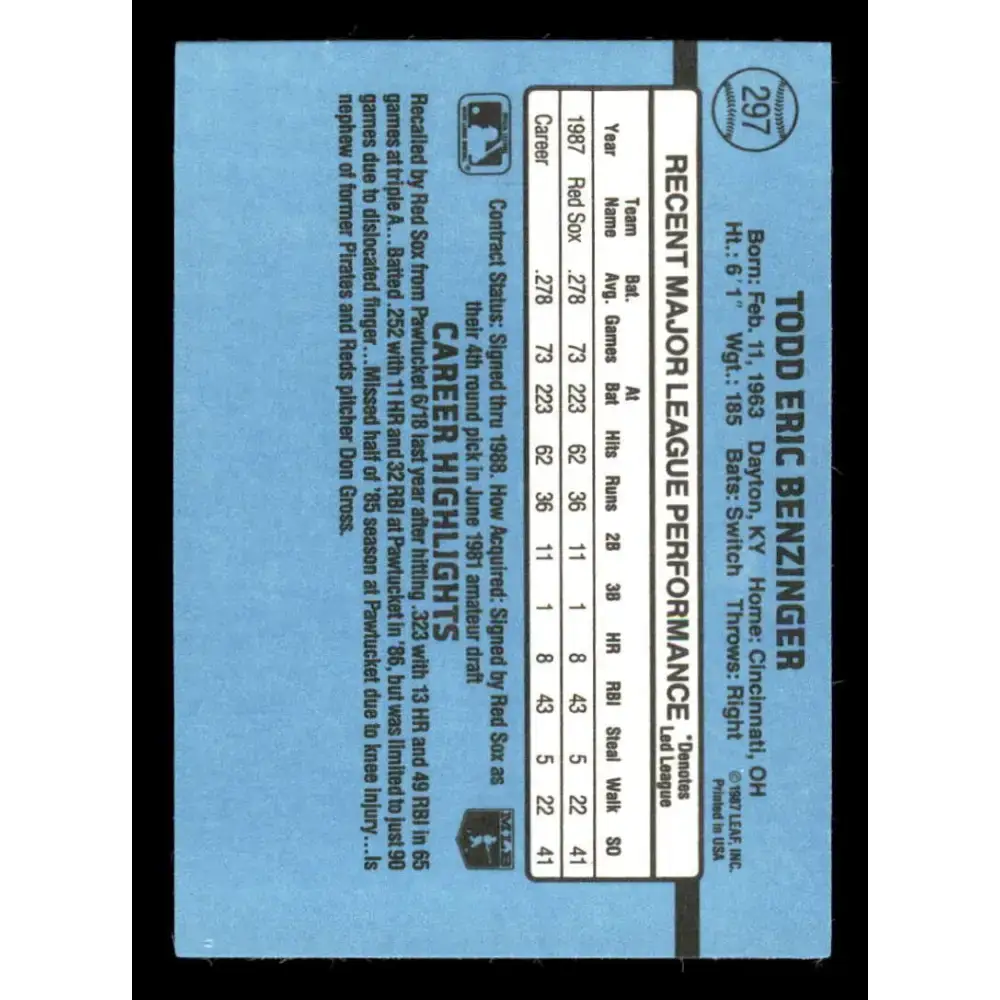 1988 Donruss #297 Todd Benzinger EX RC Rookie Boston Red Sox Baseball Card