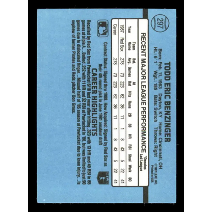 1988 Donruss #297 Todd Benzinger EX RC Rookie Boston Red Sox Baseball Card