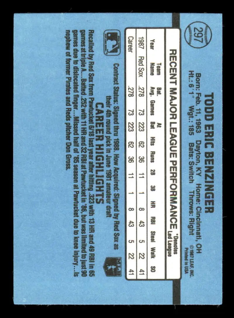 1988 Donruss #297 Todd Benzinger NM-MT RC Rookie Boston Red Sox Baseball Card - Baseball Card Single