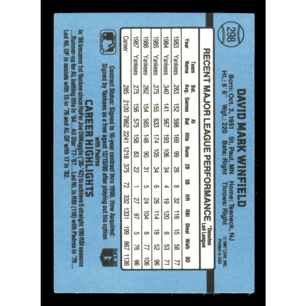 1988 Donruss #298 Dave Winfield EX New York Yankees Baseball Card Image 2