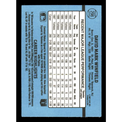 1988 Donruss #298 Dave Winfield EX New York Yankees Baseball Card Image 2