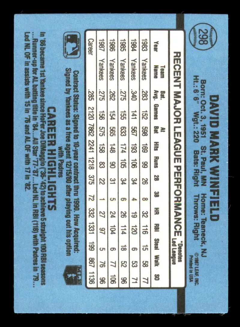 1988 Donruss #298 Dave Winfield NM-MT New York Yankees Baseball Card - Baseball Card Single