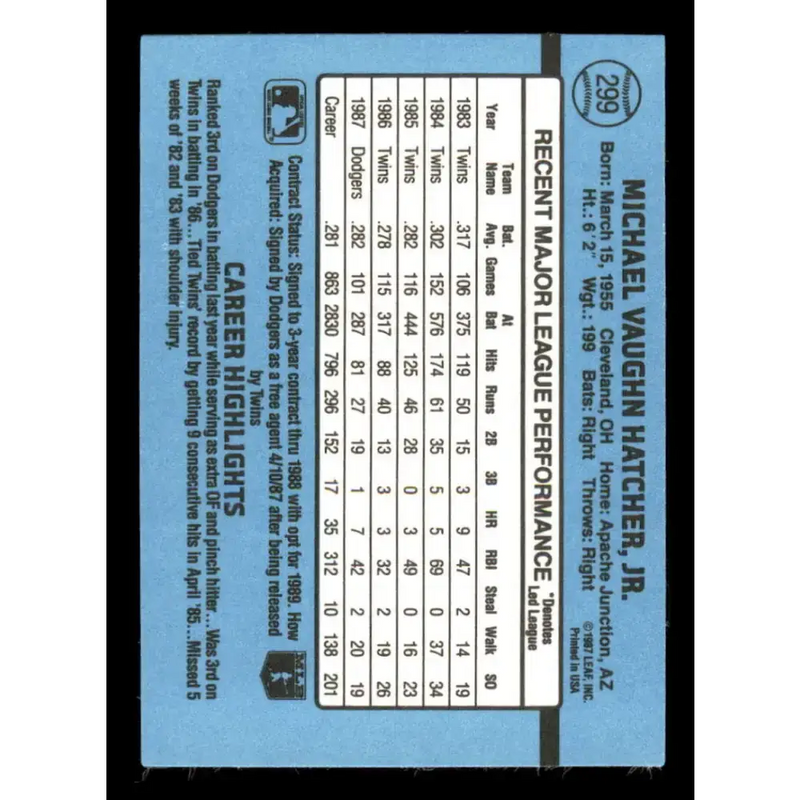 1988 Donruss #299 Mickey Hatcher EX Los Angeles Dodgers Baseball Card - Baseball Card Single