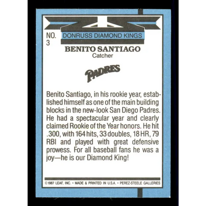 1988 Donruss #3 Benito Santiago DK EX San Diego Padres Baseball Card Image 2