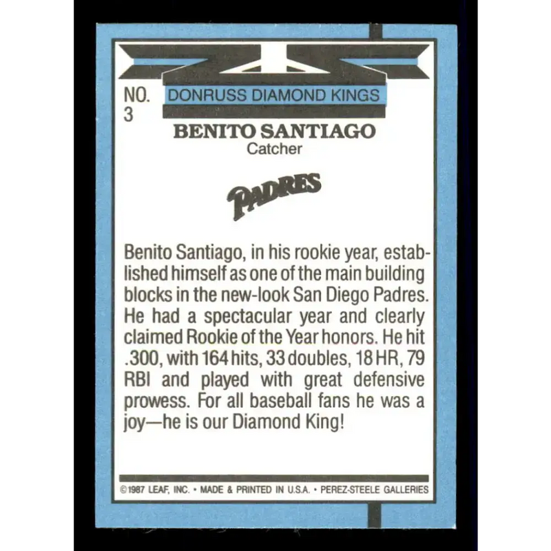 1988 Donruss #3 Benito Santiago DK EX San Diego Padres Baseball Card - Baseball Card Single