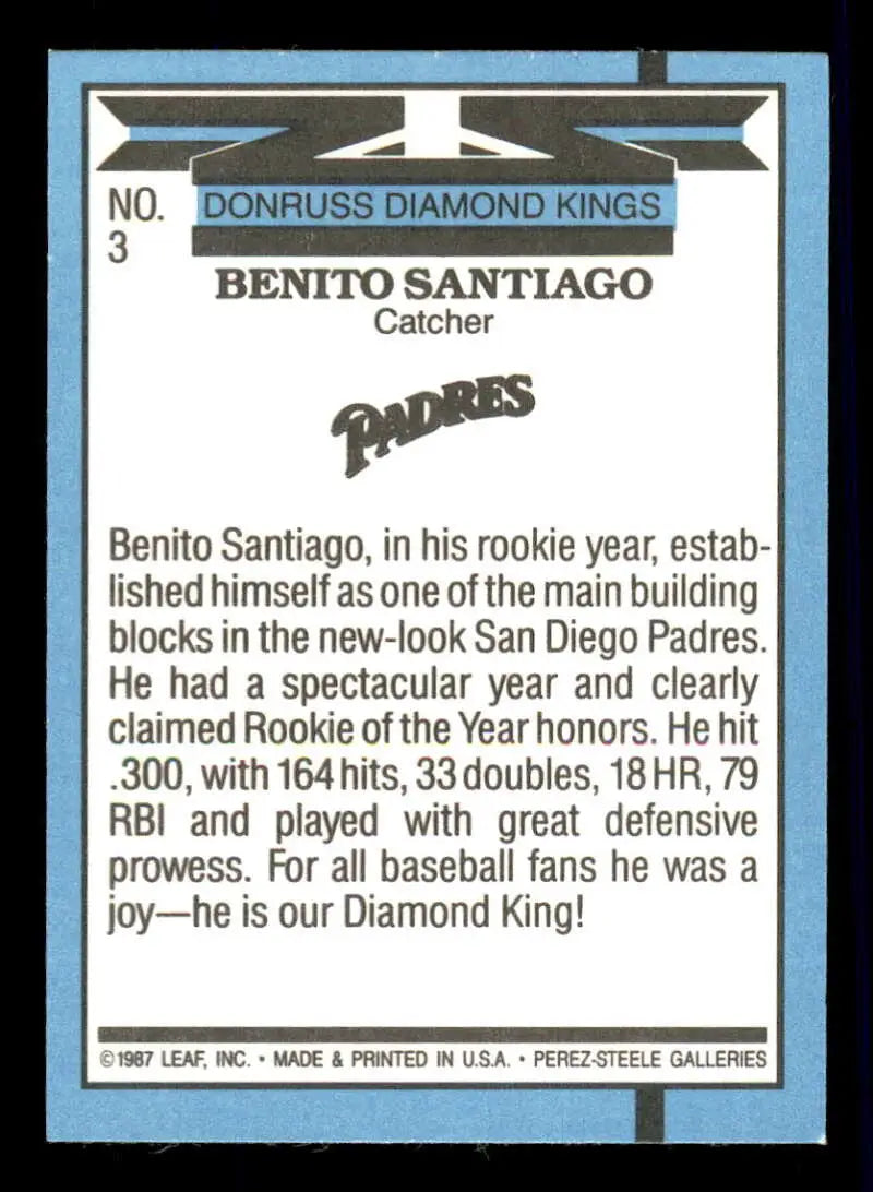 1988 Donruss #3 Benito Santiago NM-MT San Diego Padres Baseball Card - Baseball Card Single
