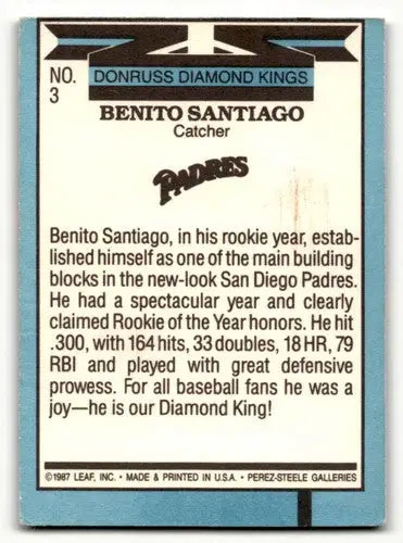 Original gloss Benito Santiago San Diego Padres baseball card 1988 Donruss #3