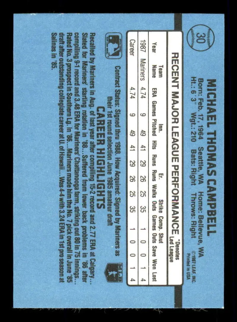 1988 Donruss #30 Mike Campbell NM-MT RC Rookie Seattle Mariners Baseball Card - Baseball Card Single