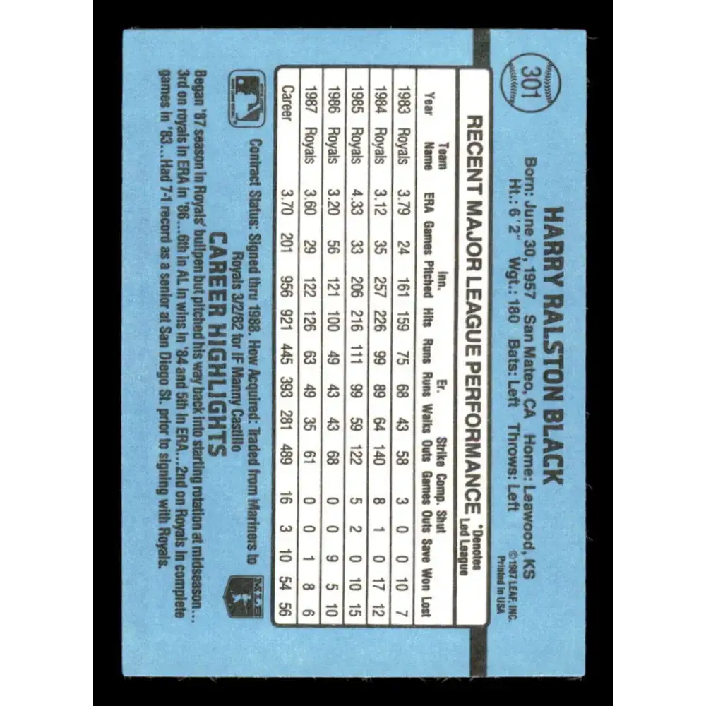 1988 Donruss #301 Bud Black EX Kansas City Royals Baseball Card - Baseball Card Single