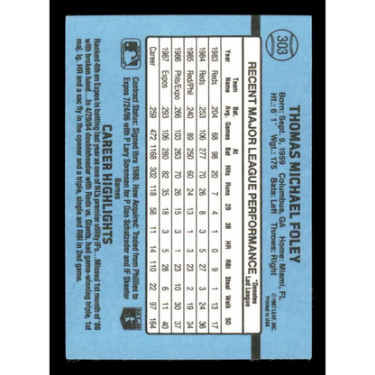 1988 Donruss #303 Tom Foley EX Montreal Expos Baseball Card Image 2