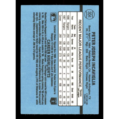 1988 Donruss #304 Pete Incaviglia EX Texas Rangers Baseball Card Image 2