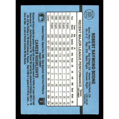 1988 Donruss #305 Bob Boone EX California Angels Baseball Card Image 2