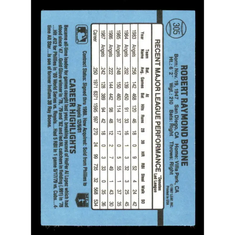 1988 Donruss #305 Bob Boone EX California Angels Baseball Card - Baseball Card Single