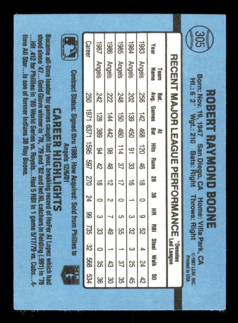 1988 Donruss #305 Bob Boone NM-MT California Angels Baseball Card - Baseball Card Single