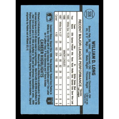 1988 Donruss #306 Bill Long EX RC Rookie Chicago White Sox Baseball Card Image 2