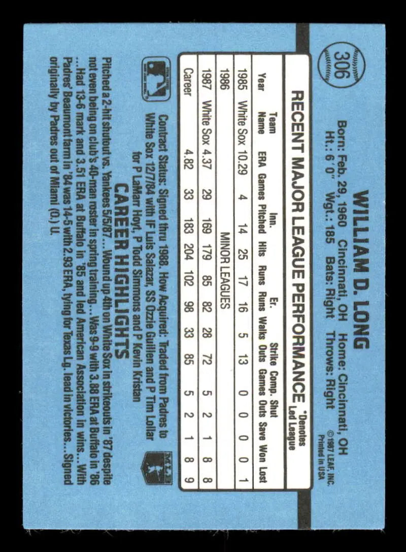 1988 Donruss #306 Bill Long NM-MT RC Rookie Chicago White Sox Baseball Card - Baseball Card Single