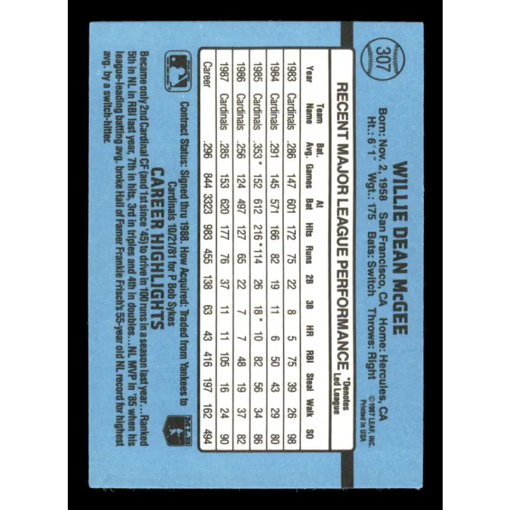 1988 Donruss #307 Willie McGee EX St. Louis Cardinals Baseball Card Image 2