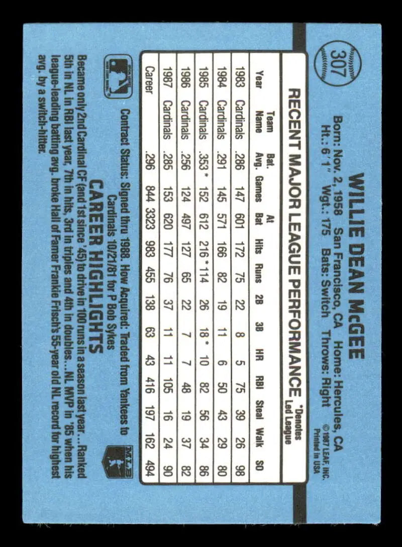 1988 Donruss #307 Willie McGee NM-MT St. Louis Cardinals Baseball Card - Baseball Card Single